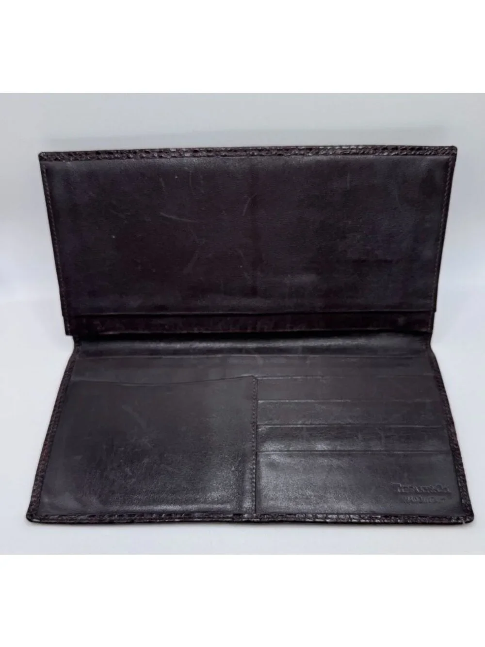 Tiffany & Co Embossed Brown Leather Slim Wallet Checkbook Cover Card Holder